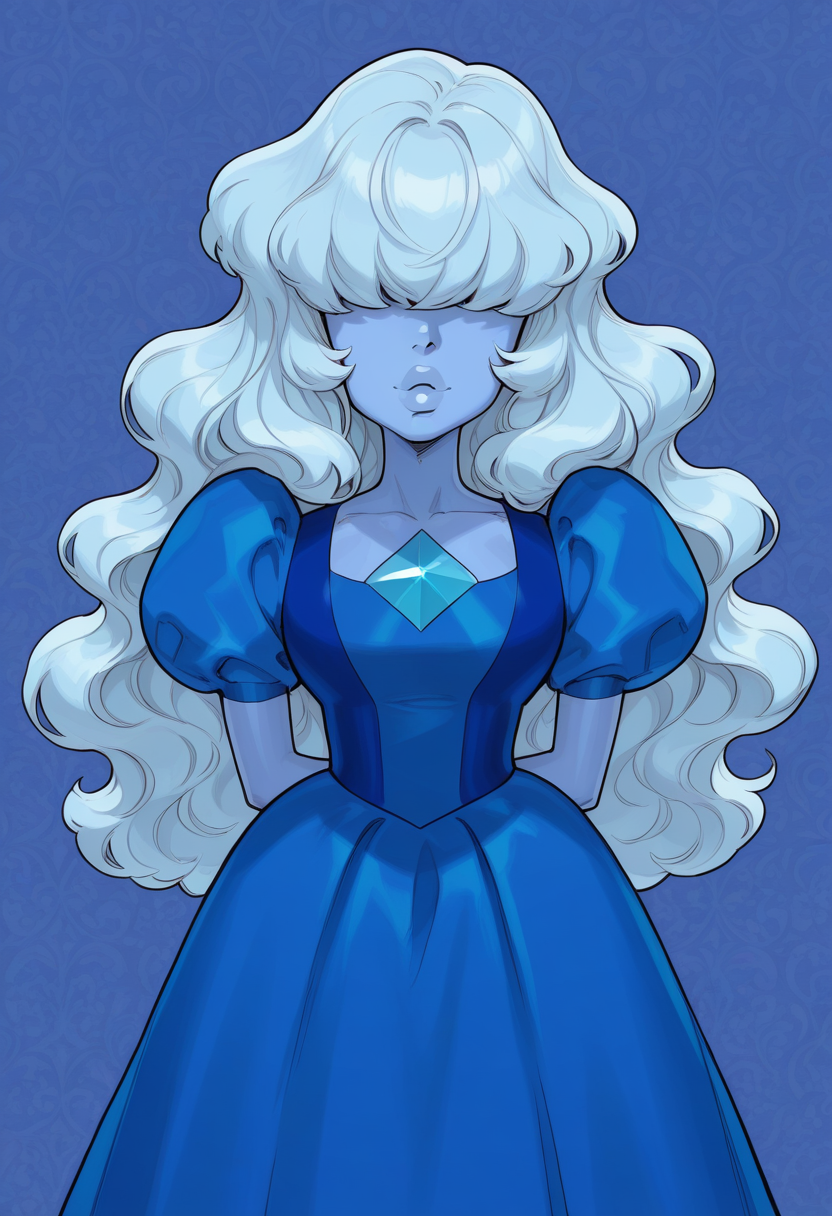 <lora:Sapphire_SU:1>,  <lora:AKinuNishimura_Style:1>, sapphire_(Steven Universe), blue dress,large hair, light blue hair, wavy hair, hair bangs over eyes, blue color skin, wallpaper, very aesthetic,  thick lips, hands behind body