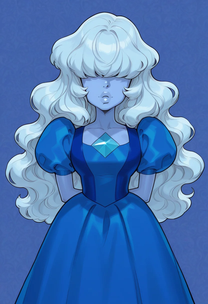 <lora:Sapphire_SU:1>, <lora:AKinuNishimura_Style:1>, sapphire_(Steven Universe), blue dress,large hair, light blue hair, wavy hair, hair bangs over eyes, blue color skin, wallpaper, very aesthetic, thick lips, hands behind body