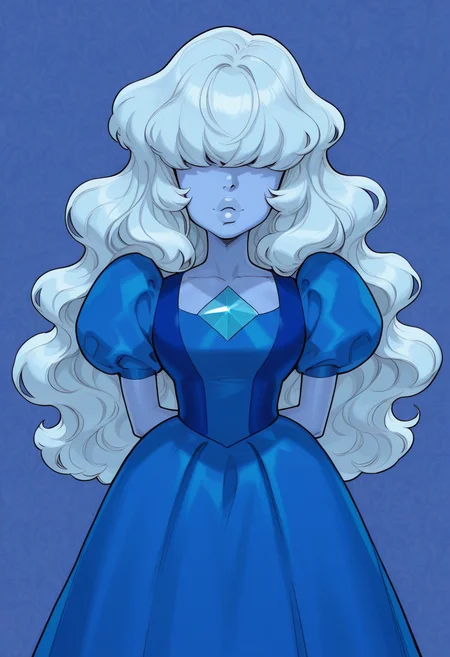 <lora:Sapphire_SU:1>, <lora:AKinuNishimura_Style:1>, sapphire_(Steven Universe), blue dress,large hair, light blue hair, wavy hair, hair bangs over eyes, blue color skin, wallpaper, very aesthetic, thick lips, hands behind body
