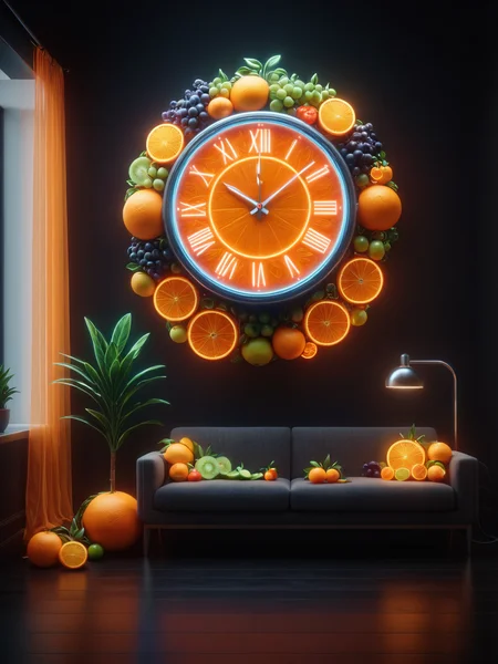 clockwork orange, clock made from mad-frts hanging on the wall in a living room, wallpaper, books, tv, <lora:Neon_Fruits_Style_SDXL:1>, (masterpiece:1.2), best quality, (hyperdetailed, highest detailed:1.2), high resolution textures
