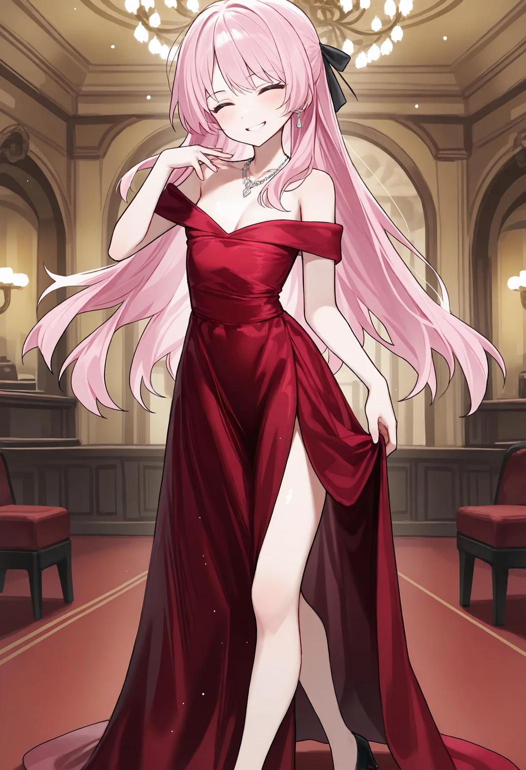 ,,<lora:Huu_Style_nbvp1.0.safetensors:0.95:0.95>,chihaya anon,small breasts,fang,blush,;d,grin,1girl,solo,long_hair,hair_ribbon,illustration,formal_wear,evening_gown,red_dress,red_evening_gown,slit_dress,off_shoulder,cleavage,jewelry,diamond_necklace,dangling_earrings,pumps,looking_at_viewer,elegant_smile,indoors,ballroom,chandelier,,masterpiece,best quality,newest,absurdres,highres,very awa,detail background <lora:None:0.4000000000000001>