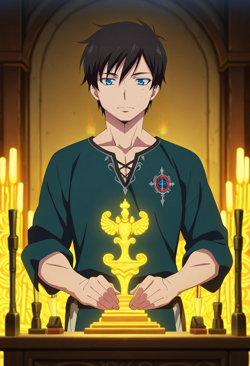 masterpiece, best quality, , anime screencap, anime coloring, official style, , 1boy, solo, male focus, <lora:yukio_okumura_ilxl:0.98>, yukio_okumura, black hair, blue eyes, mole, mole under eye, , renaissance workshop, scattered canvases, glowing paintbrushes, intricate sculptures, painting pose, inspired expression, soft lighting,