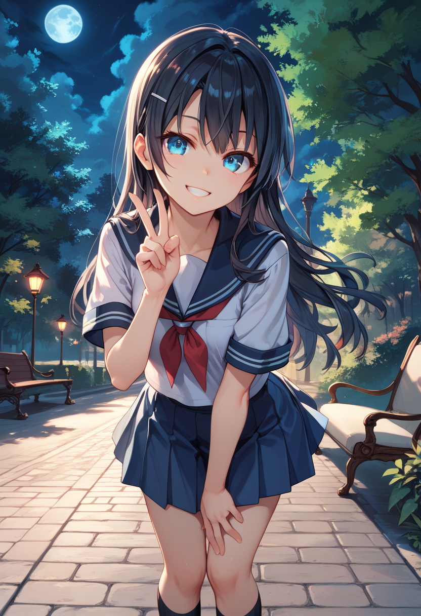 (zPDXL2), (score_9,score_8_up,score_7_up), (masterpiece,best quality), 1girl, akurajima mai, seishun buta yarou, black hair, blue eyes,  school uniform, smile, v, leaning forward, park,night, full moon, glowing,  looking at viewer, <lora:detailed_notrigger:1>,