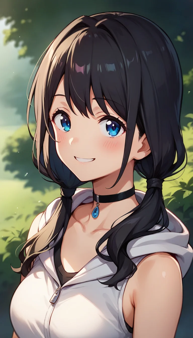 score_9,score_8_up,score_7_up,score_6_up BREAK official art,solo,outdoors,upper body,(portrait:1.5),looking at viewer,facing viewer,smile,blush,Amano Hina,long hair,black hair,low twintails,bangs,blue eyes,black choker,collarbone,bare shoulders,hooded jacket,sleeveless jacket,white jacket,hood down,bare arms,medium breasts,denim shorts,short shorts,white socks,sneakers,white footwear,<lora:Amano Hina(tnk)-Pony>,
