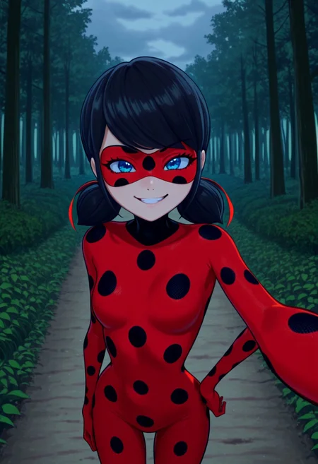 bright colors, detailed background,, volumetric light, vivid colours, standing,
looking at viewer, outdoors, overcast, dark, forest, vines, ponypositive, solo, solo focus, open hands on hip, single eyebrow lifted, smirk,
Miraculous, red suit with black spots all over her body, red mask covering her eyes, shoulder-length black hair with blue reflections tied back in pigtails, bright bluebell eyes,
Smooth Quality,
best quality, hyper detailed, ambient stylish expressive lighting, absolutely eye-catching masterpiece, body extremely close-up view, (facing viewer), forward, face extremely close-up shot, chest focus, selfie,