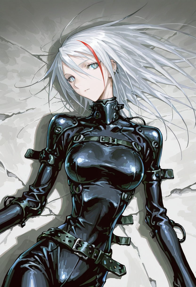 tsutomu nihei, 1girl, solo, bodysuit, lying, long hair, white hair, multicolored hair, on back, streaked hair, looking at viewer, breasts, expressionless, belt