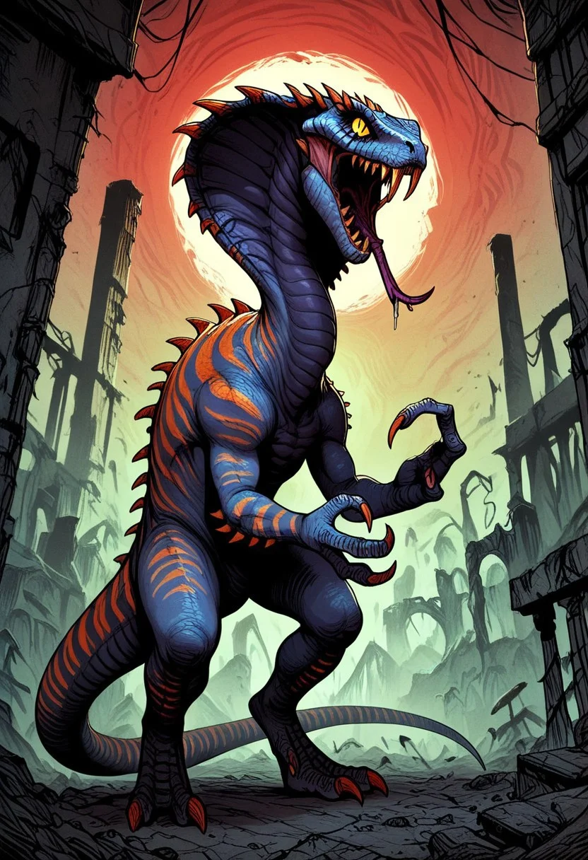 DonMC0m1cM4g1cXL, (dark, fantasy, magical, eerie) score_9, score_8_up, score_7_up, score_6_up, Vertigo_Primal, cobra, dinosaur, monster, colored sclera, reptile eyes, yellow eyes, purple skin, orange stripes, stinger tail, spikes, claws, fangs, forked tongue, gigantic monster, , size difference, BREAK, small human, BREAK, backgroung, plain, ruins