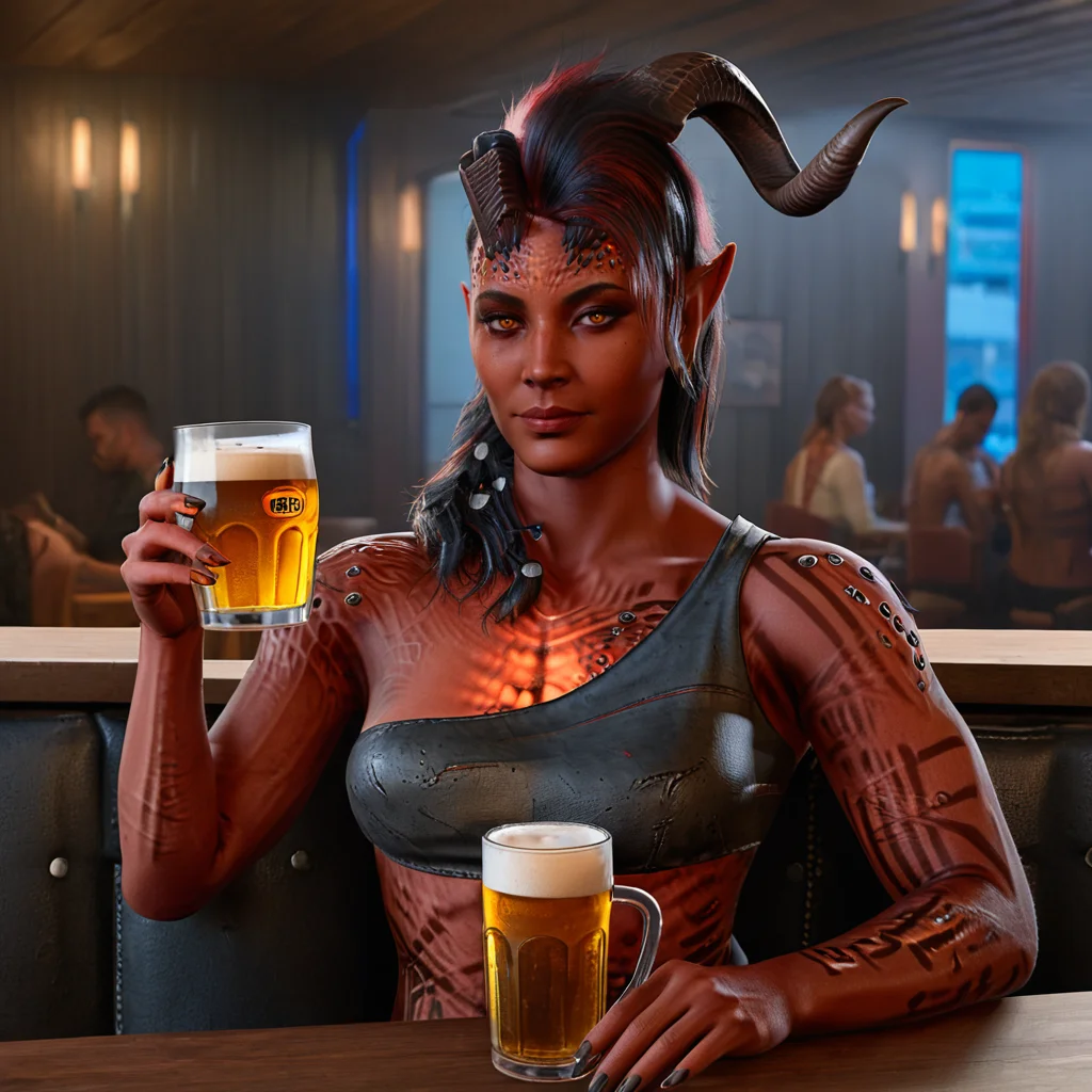 A professional photo, realistic, detailed, Karlach, red skin, horn, female, glowing eyes, holding a cup of beer, sitting in a modern bar, high quality, cinematic <lora:karlach_xl-000090:1>