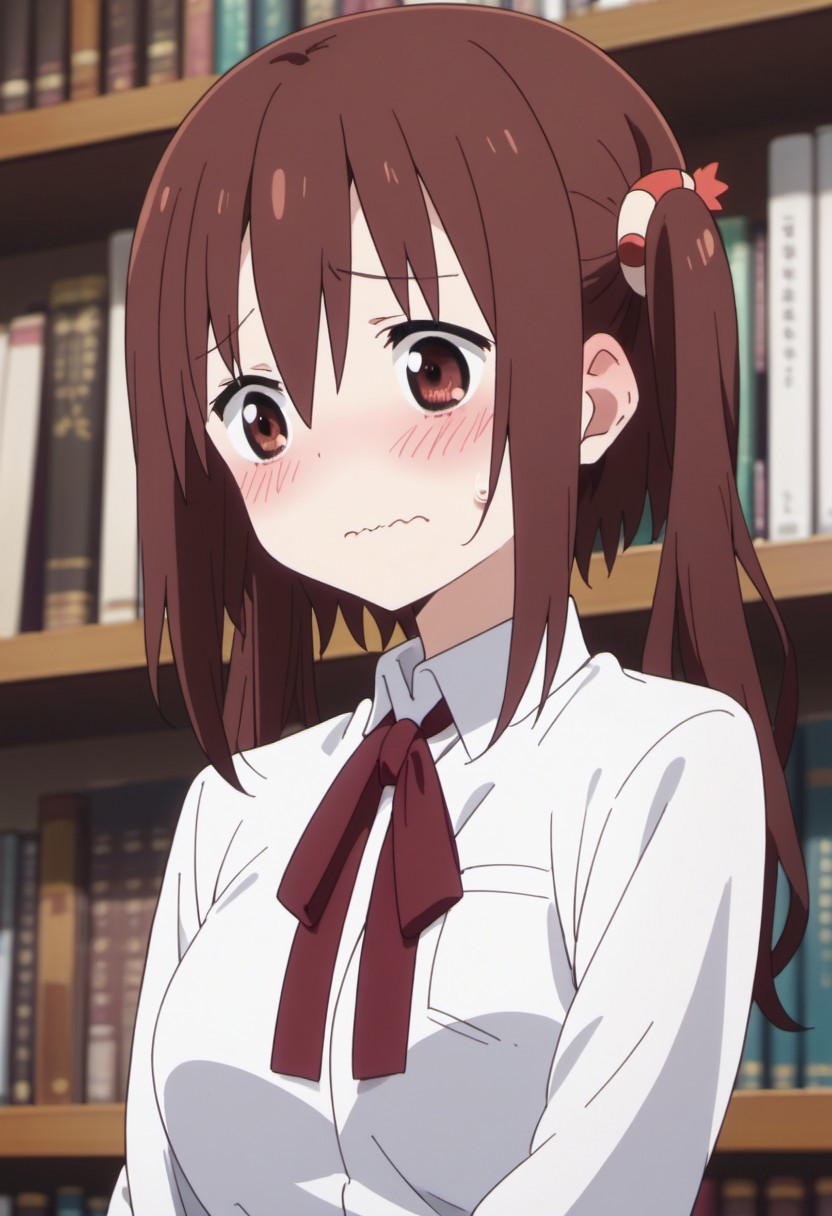 score_9, score_8_up, score_7_up, source_anime, nana ebina, cherry-brown hair, twintails, long hair, cherry-brown eyes, long hair, 1girl, solo, wavy mouth, blush, bookshelf, ribbon, shirt, book, sweatdrop, school uniform, upper body, neck ribbon