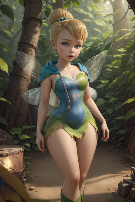 masterpiece, 8k, perfect ligthing, , adult, female, looking at viewer, cinematic lighting, full body shot, (TinkerBell:1.5), (TinkerBellWaifu:1.1), single hair bun, (green clothes), ((clothes made from leaves)), (fairy wings:1.2), pointy ears, blue eyes, (detailled eyes:1.2), tinkering in the forest, (tinkering:1.6), Gears, leavers, pulleys, blush, (shrunken), <lora:TinkerBellDisney-06:0.6> <lora:realisticGlossyFaceSkin_rseromanticRsesofiko:0.3><hypernet:empty:0.5>