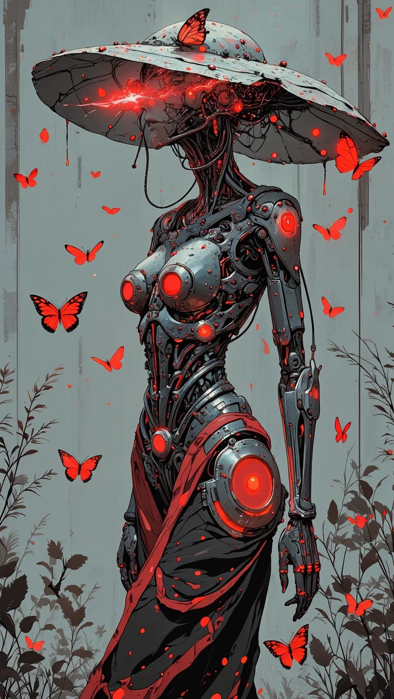 A futuristic female android with an elegant, enigmatic look. She wears a wide-brimmed hat with cybernetic elements adorned with a red butterfly, Her face is half-hidden in the shadows, with burning red eyes creating a mystical atmosphere. The metal body is flawlessly combined with a fabric cloak, which drapes over the figure, reflecting neon light. Built-in red glow elements on the chest, arms and waist add an additional cybernetic aesthetic. The atmosphere is dark and mysterious, with drops of red light creating a liquid neon effect, Several red butterflies fly around the character, highlighting the contrast between mechanics and nature. The background is muted, with silhouettes of plants and shadows, creating a feeling of night cyberpancreas forest