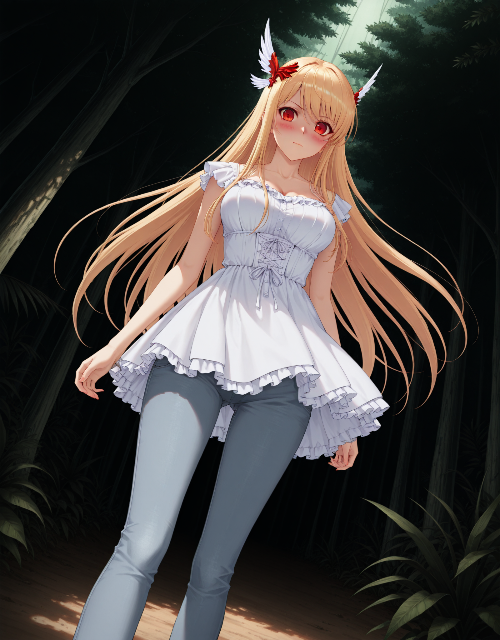 <lora:chiaroscuro_1a_illustrious01e:1>,masterpiece,best quality,very aesthetic,(jungle:0.5),anime coloring,realistic,dark,horror \(theme\),zPDXL,
BREAK <lora:ScarletV7:0.8>,scarlet_il,1girl,solo,red_pleated skirt,blush,skindentation,red eyes,dynamic_angle,solo_focus,(fashion:1.2),(frilled dress:1.2),white dress,skinny jeans,