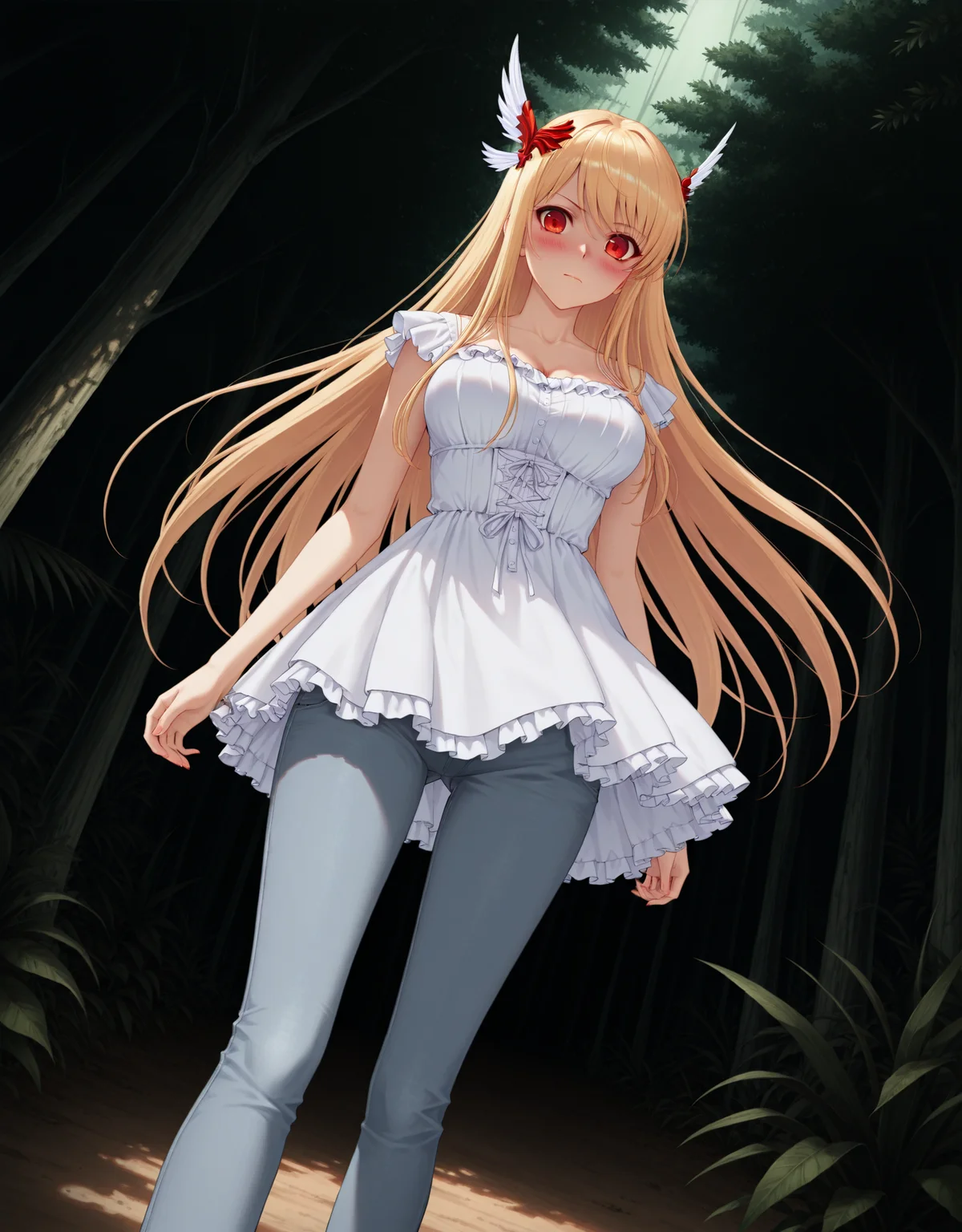 <lora:chiaroscuro_1a_illustrious01e:1>,masterpiece,best quality,very aesthetic,(jungle:0.5),anime coloring,realistic,dark,horror \(theme\),zPDXL,
BREAK <lora:ScarletV7:0.8>,scarlet_il,1girl,solo,red_pleated skirt,blush,skindentation,red eyes,dynamic_angle,solo_focus,(fashion:1.2),(frilled dress:1.2),white dress,skinny jeans,