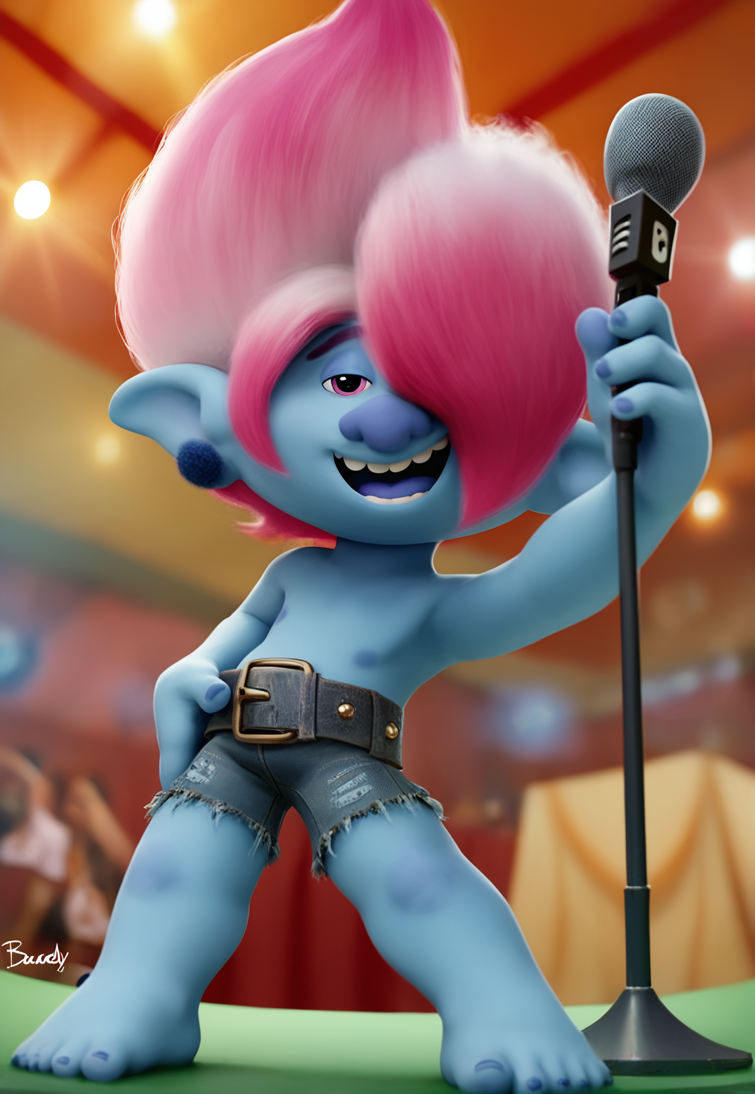 score_9, score_8_up, score_7_up, score_6_up, score_5_up, score_4_up zPDXL , light effects, high quality, disney art style, <lora:PDXL_artist_tags_v2_big:0.8>,by braeburned,
BREAK,
<lora:Floyd-Pony-000006:0.8>,floydbrozone, colored skin, 1boy, solo, male, blue skin, pink hair, solo, hair over one eye, afro, pointy ears, full body, shortstack, belt, shorts, male focus,
BREAK,
 (high angle:1),(low angle:1),singing, microphone,dancing,stage,live concert,
