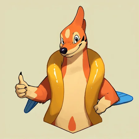 masterpiece, very detailed, very aesthetic, best quality, 8k, newest, Score_7_up, score_8_up, closeup, looking at viewer, upper body, floatzel, Semi-anthro, thumbs up, orange fur, yellow tube, simple background,