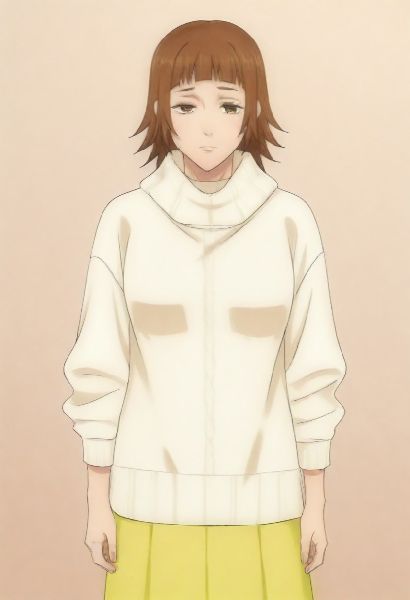 masterpiece, best quality, amazing quality,,, shiny skin,,,,,,,,yuozawa, brown_eyes, brown_hair, short_hair, blunt_bangs,, turtleneck, white_sweater, long_skirt, yellow_skirt,