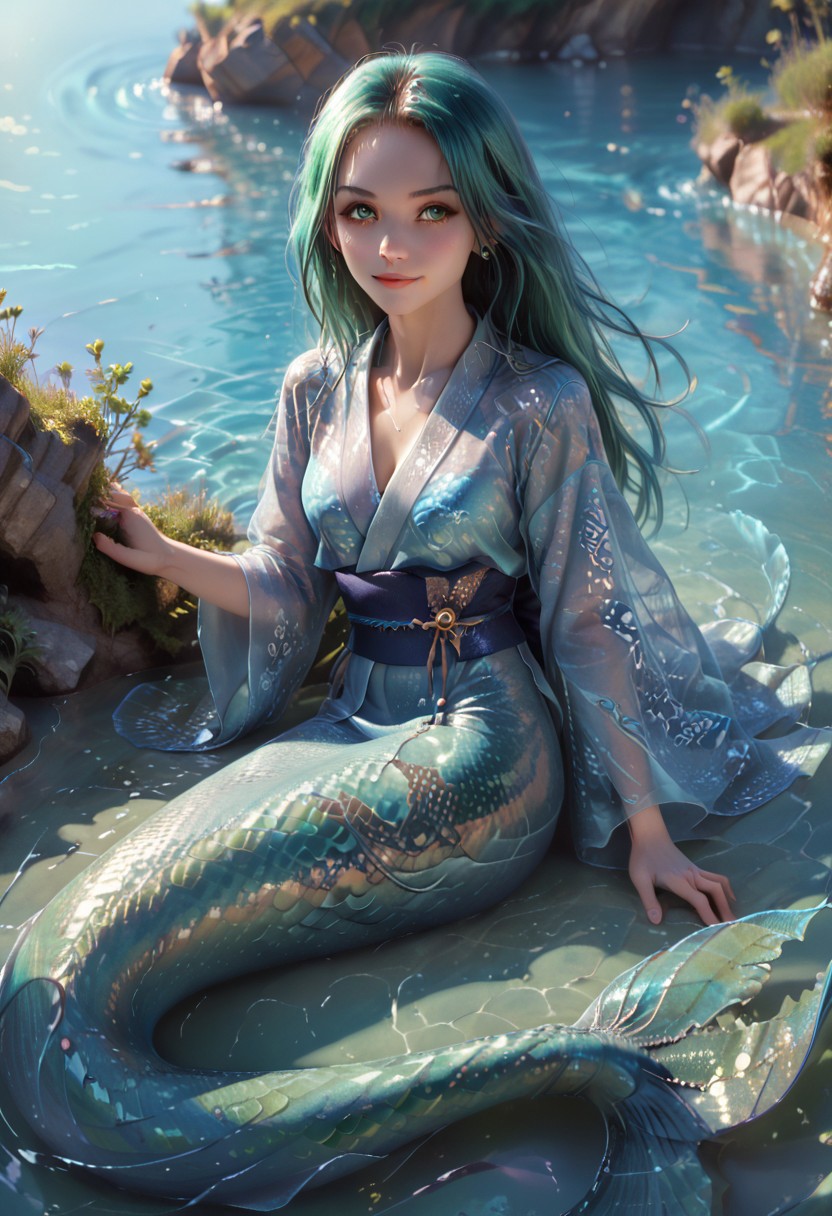 score_9, score_8_up, score_7_up, 1girl, mermaid, mermaid tail, full body shot, blue scale, green scale, cute, seductive, light smile:0.3, slender body, floating teal hair, long hair, water:0.7, waterdrop, wet, lying, on side, high detailed blue kimono texture, intricate pattern, translucent kimono, ultra detailed, textured clothing, detailed skin, moist texture, reflective surfaces, organic patterns, lifelike textures, sunset, lake background, detailed background, depth of field, dynamic angle, sharp,