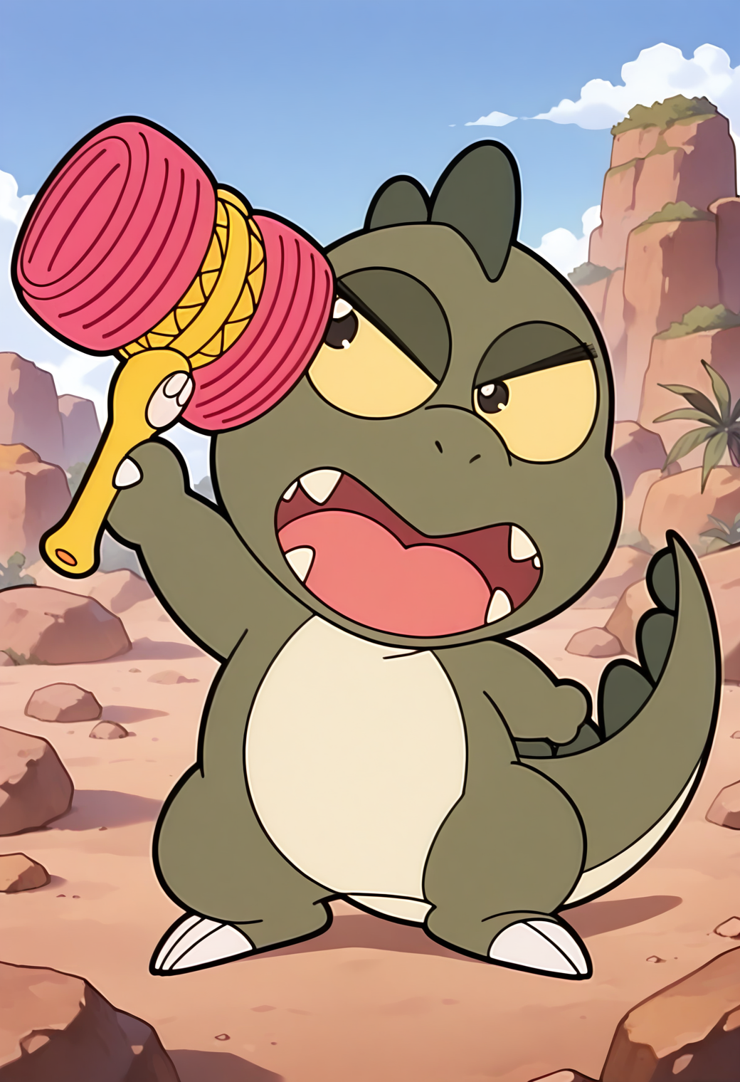 masterpiece, best quality, very aesthetic, absurdres, no humans, solo, official style, chibi,
<lora:mukamuka_v01:1.0>, mukamuka, dinosaur, black eyes, yellow sclera, fangs, fangs out, holding hammer, tail, posing, open mouth