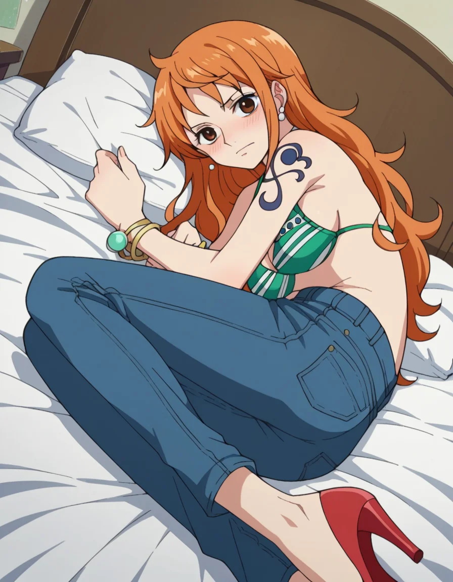 score_9, score_8_up, score_7_up, source_anime,
onepiecenami, <lora:one-piece-nami-s15-ponyxl-lora-nochekaiser:1>
nami, long hair, orange hair, brown eyes,
jewelry, swimsuit, bikini, earrings, pants, high heels, bracelet, denim, bikini top only, jeans, tattoo,
indoors, bed, bed room, on side, blush, drunk,
looking at viewer, dutch angle, cowboy shot