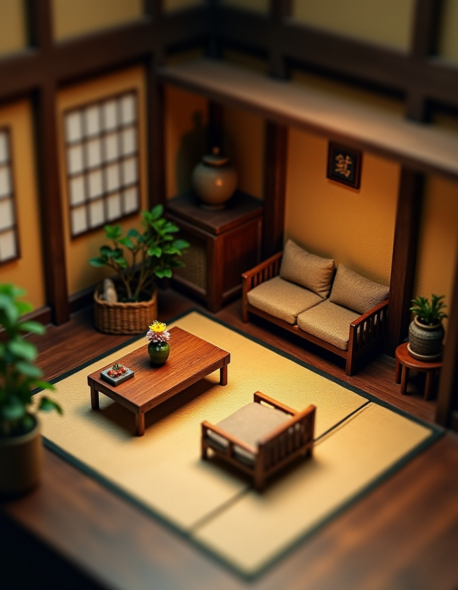 (indoor,very wide isometric view,tilt-shift lens:1.6), (miniature,diorama,no_realistic,no_photo:2) of (stasis _chamber:1.5), Japanese tatami room