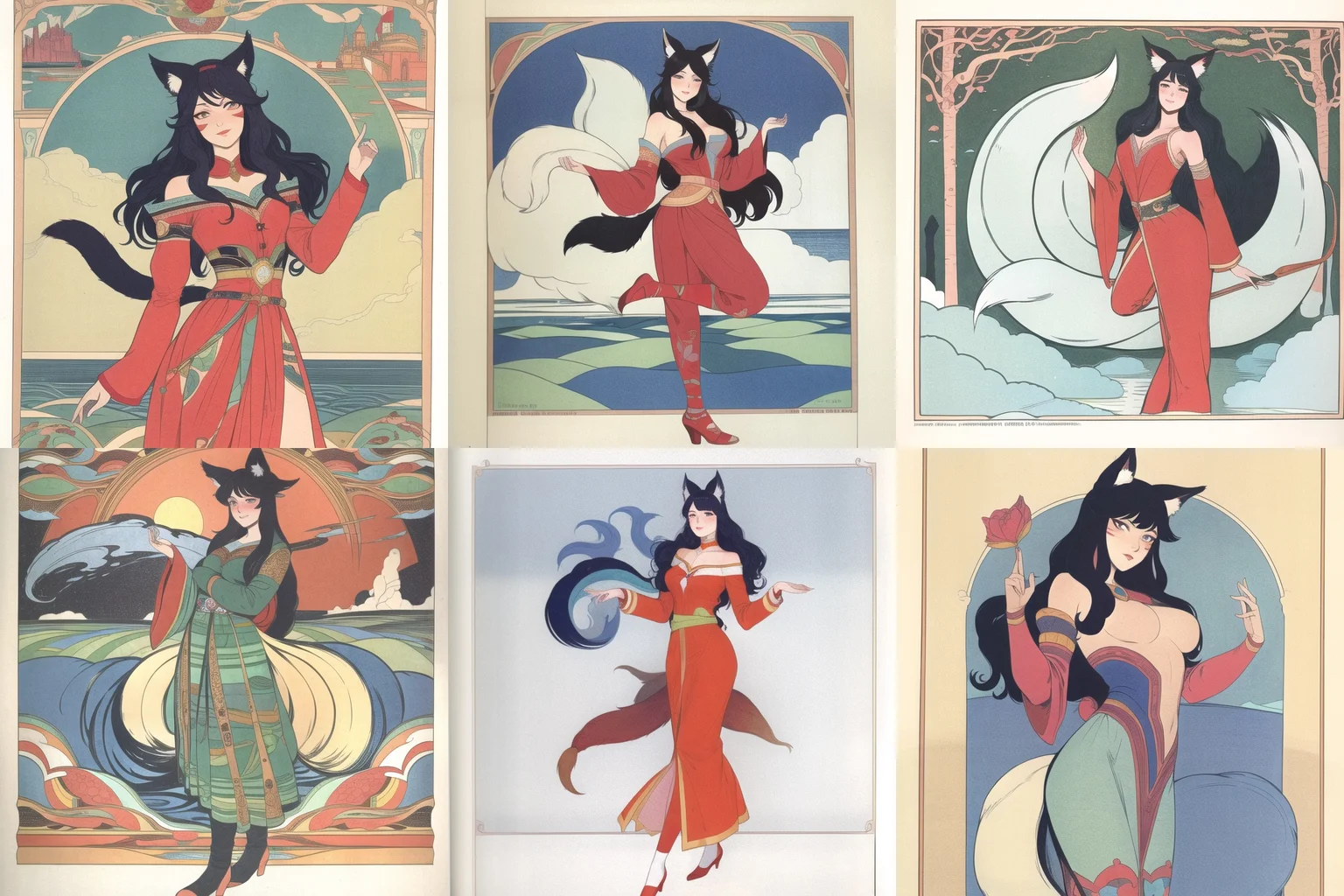 <lora:bilibin02-000030:1>bilibin, by ivan bilibin, ahri, 1girl, absurdres, animal_ears, black_hair, breasts, detached_sleeves, distr, facial_mark, fox_ears, fox_tail, hand_up, highres, large_breasts, league_of_legends, long_hair, long_sleeves, looking_at_viewer, magic, multiple_tails, orange_eyes, parted_lips, solo, standing, standing_on_one_leg, tail <lora:ahriLeagueOfLegends_ahri45Suggested:0.3>