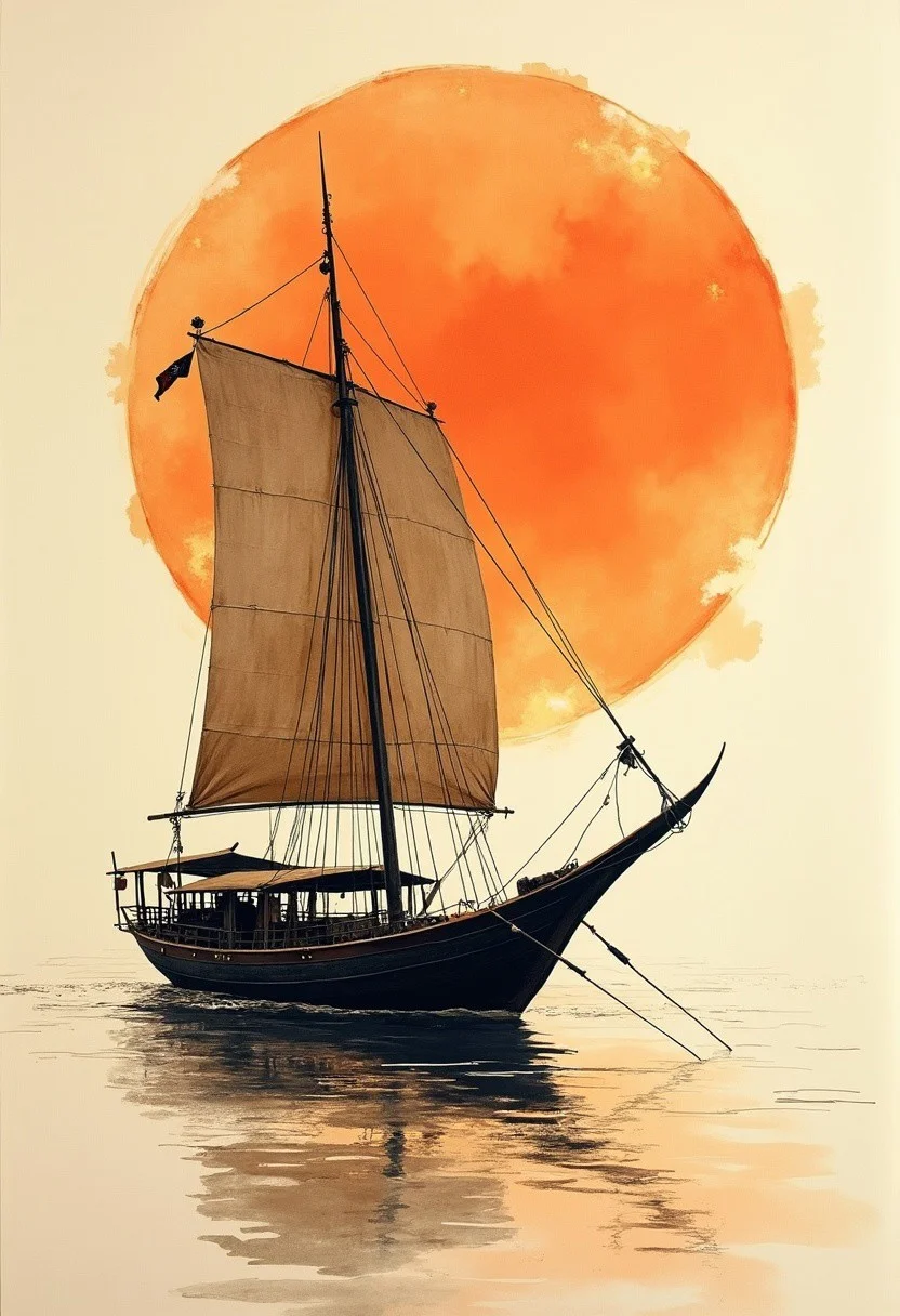 traditional japanese art style, ink on paper, wabi-sabi, henna and carmine, sepia, BREAK, hyperdetailed photorealistic inksketch image of traditional chinese sailing boat (junk), Chinese sailing ship characterized by a central rudder, an overhanging flat transom, and a flat-bottomed design, sailing at sunset