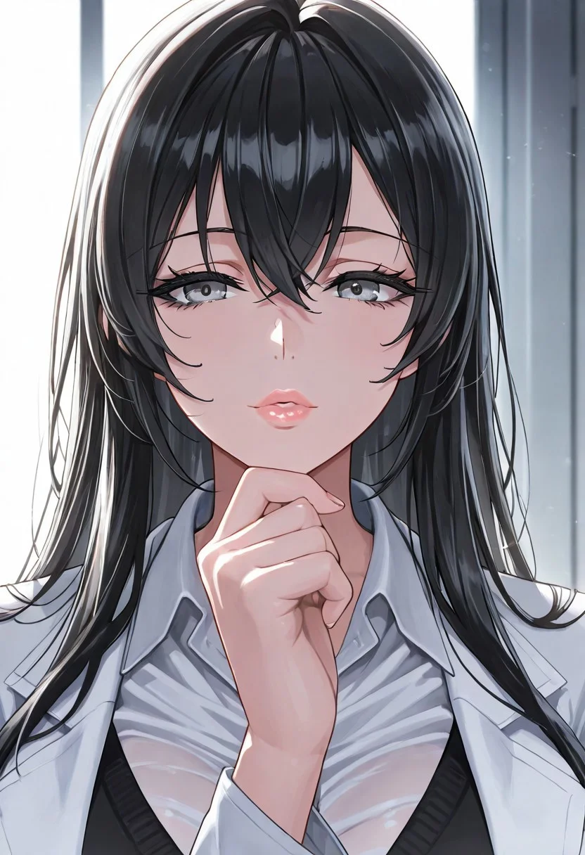 1girl, Hiratsuka Shizuka \(oregairu\),, adult woman, masterpiece, white lab coat, black vest over a white dress shirt, hand up, Black hair, long hair, luscious lips, colorless lip gloss, portrait, black eyelashes, backlighting, Grey eyes, goddess, glossy skin, ,hires,best quality, very aesthetic,absurdres,score_9, score_8_up, score_7_up, score_6_up, score_5_up, score_4_up, (hyper extreme detailed), (hyper quality), game CG, (colour:1.2),(from side:0.7)