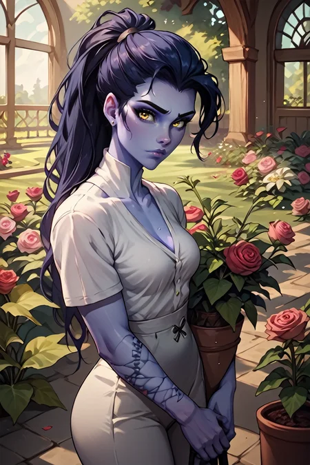 score_9, score_8_up, score_7_up, score_6_up, score_5_up, score_4_up
<lora:OWidowM:1.0>
OWidowM, 1girl, black hair, ponytail, colored skin, purple skin, yellow eyes, looking at viewer, rose garden, gardening, floral background