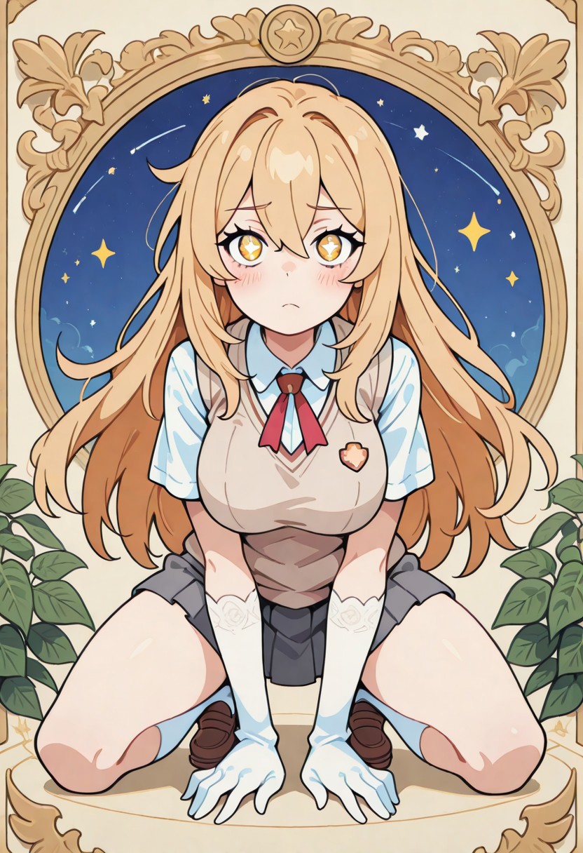 1 girl , solo , misaki shokuhou, blonde hair, hair between eyes, long hair, symbol-shaped pupils, yellow eyes, breasts, anime screencap, elbow gloves, gloves, school uniform, short sleeves, summer uniform, sweater vest, tokiwadai school uniform, white gloves, light brown sweater vest,
blushing , eyelashes , cute , winking , star , 
large breasts , beautiful breasts , slim , slender , 
full body view, kneeling, spread legs, leaning forward, 
from front, front view, straight-on, look at viewer, 
masterpiece, best quality ,amazing quality ,S4bit4mago_illu , Protoneon  ,s0wasow4rt_illu, t1m3r