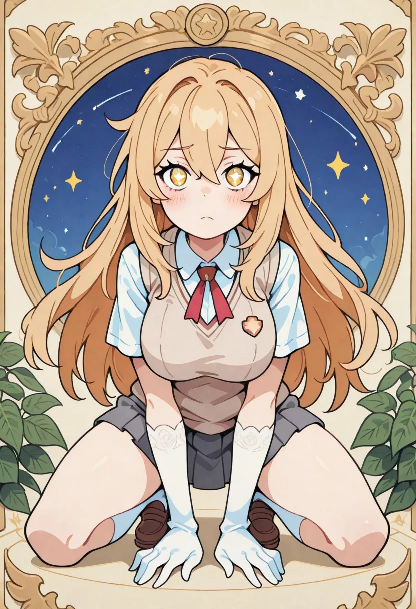 1 girl , solo , misaki shokuhou, blonde hair, hair between eyes, long hair, symbol-shaped pupils, yellow eyes, breasts, anime screencap, elbow gloves, gloves, school uniform, short sleeves, summer uniform, sweater vest, tokiwadai school uniform, white gloves, light brown sweater vest,
blushing , eyelashes , cute , winking , star ,
large breasts , beautiful breasts , slim , slender ,
full body view, kneeling, spread legs, leaning forward,
from front, front view, straight-on, look at viewer,
masterpiece, best quality ,amazing quality ,S4bit4mago_illu , Protoneon ,s0wasow4rt_illu, t1m3r