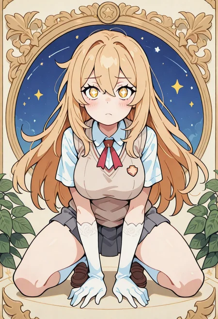 1 girl , solo , misaki shokuhou, blonde hair, hair between eyes, long hair, symbol-shaped pupils, yellow eyes, breasts, anime screencap, elbow gloves, gloves, school uniform, short sleeves, summer uniform, sweater vest, tokiwadai school uniform, white gloves, light brown sweater vest,
blushing , eyelashes , cute , winking , star ,
large breasts , beautiful breasts , slim , slender ,
full body view, kneeling, spread legs, leaning forward,
from front, front view, straight-on, look at viewer,
masterpiece, best quality ,amazing quality ,S4bit4mago_illu , Protoneon ,s0wasow4rt_illu, t1m3r