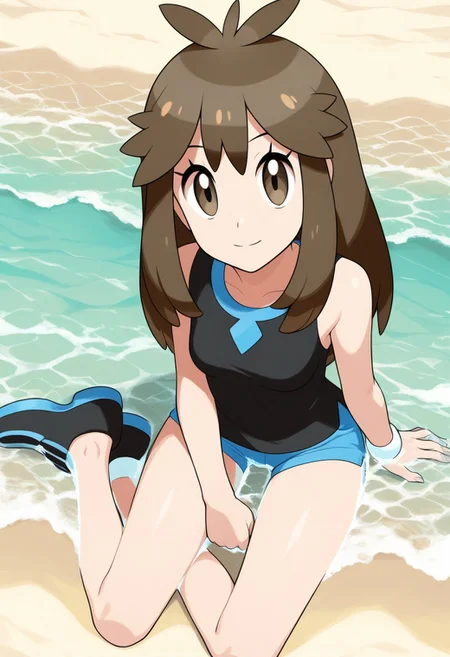2d, masterpiece, best quality, amazing quality, 1girl, solo, sitting, yokozuwari, from above, dutch angle, looking at viewer, beach, day, sea, clouds, lgpegreen, green \(pokemon\), brown eyes, eyelashes, long hair, bangs, brown hair, sidelocks, black shirt, sleeveless shirt, blue shorts, short shorts, shoes, black footwear, bare legs