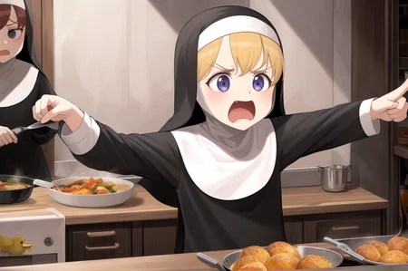 littlenuns, multiple girls, screaming, angry, pointing, cooking, food, kitchen, ducks, extreme detail, nun, <lora:littlenuns-000020:0.4>, masterpiece, best quality