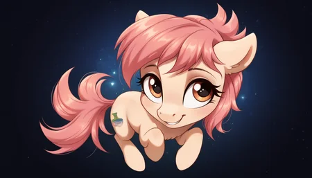score_9, score_8_up, score_7_up, score_6_up, score_5_up, score_4_up, my little pony, ((feral pony)), 1girl, ((solo)), (sexy),beautifully detailed, (detailed cute pony face), ((detailed blue starry background:1.5)), ((woman)), high angle, (cute smile:1.0), ((up-close)) 1girl, ((solo)), (sexy), full body
<lora:Raspberry_Vinaigrette:1>Raspberry Vinaigrette, pink mane, <lora:Wholesome_MLP-v1.0:1> <lora:OtherStyle_01:1>
