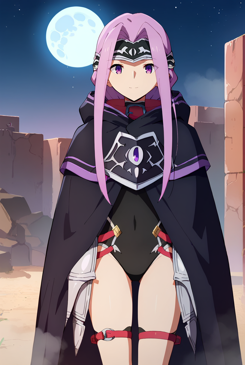 score_9, score_8_up, score_7_up, source_anime,
<lora:FateGrandOrder_AnaMedusaXL:0.9>, AnaFGO,
1girl, closed mouth, light smile,
lavender hair, purple eyes, hair intakes, long hair,
hooded cloak, black cloak, red collar, black leotard, armor, thigh strap,
looking at the viewer, facing viewer, thigh gap, arms at sides,
outdoors, night, moon, fog, desert,  building