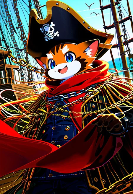 zuppu11, animal, blue eyes, cape, cat, chain, flag, furry, furry male, no man's, open mouth, pirate, pirate hat, score_9, score_8_up, score_7_up, zPDXL3,