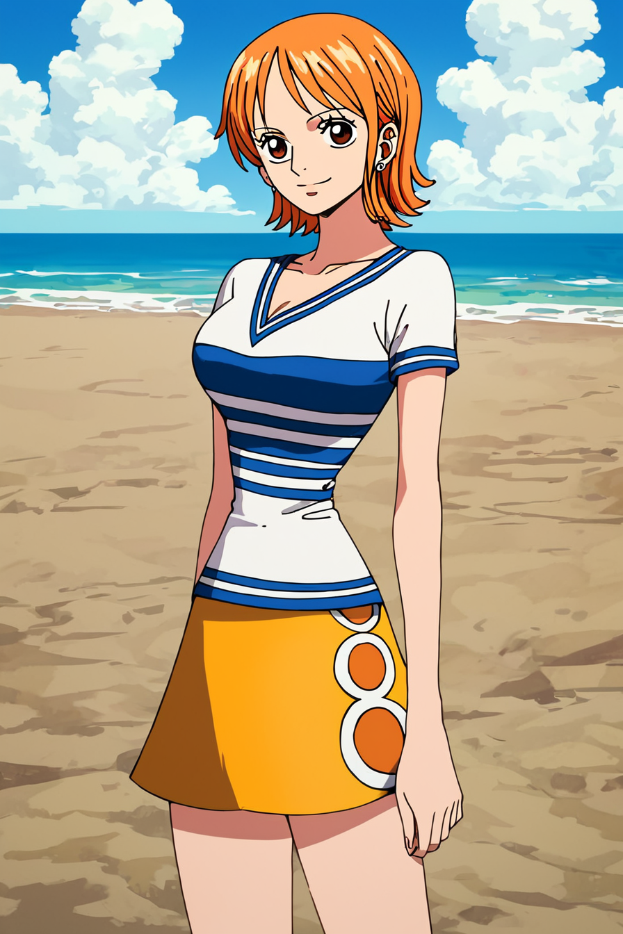 score_9, score_8_up, score_7_up, score_6_up, score_5_up, score_4_up,  <lora:nami_pre_timeskip_many_outfit:0.8>, nami, orange hair, short hair, brown eyes, white shirt, striped shirt, yellow skirt,  1girl, alone, standing, looking at the viewer, masterpiece, highres, highly detailed face, highly detailed shining eyes, symmetrical highly detailed eyes, entire body, beach, sand, sea