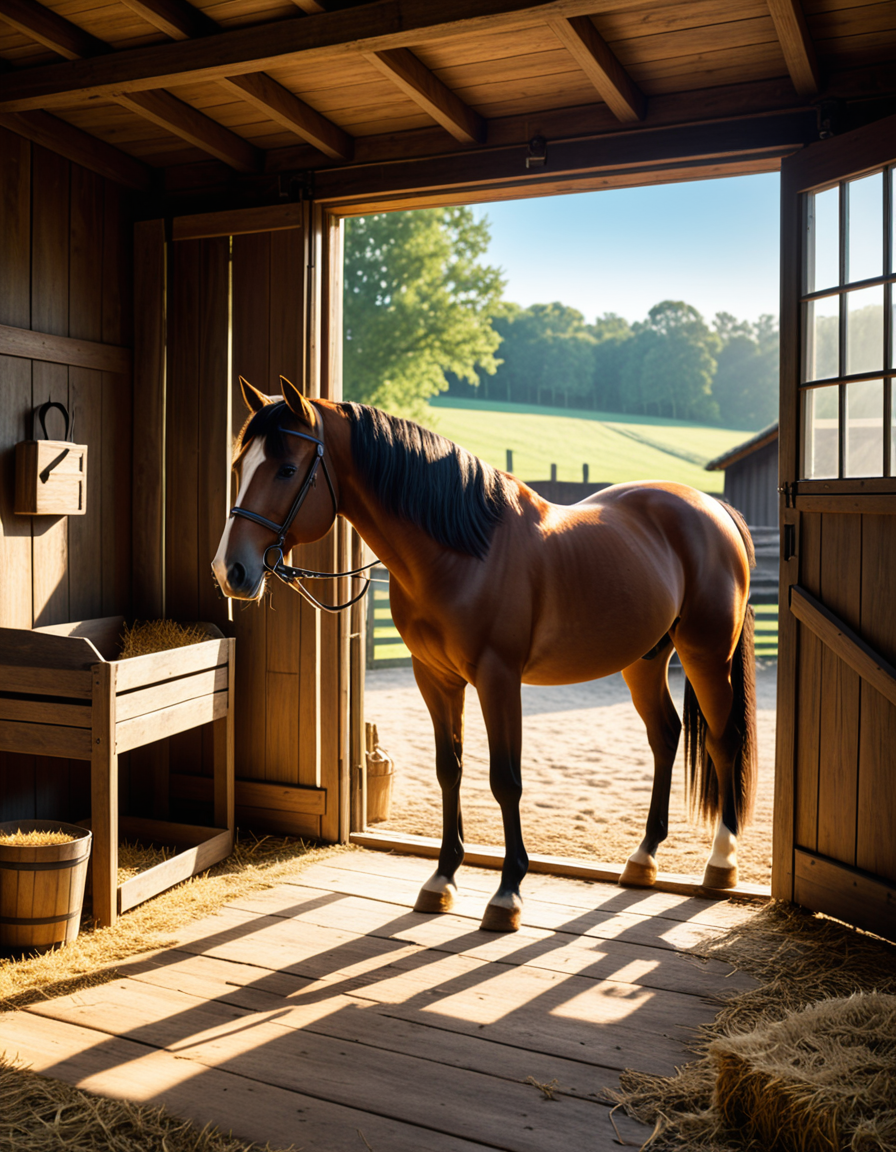 A rustic horse stable in the countryside, built with aged wooden beams and stone foundations, bathed in warm golden sunlight. The stable doors are slightly open, revealing the soft hay-covered floor inside. Horses stand calmly in their stalls, their glossy coats catching the light. Dust particles float in the air, illuminated by the sunbeams filtering through the gaps in the wooden planks. The atmosphere is serene, with a vintage, timeless feel. Weathered saddles and bridles hang neatly on the stable walls, and an old wooden cart sits nearby. The background features rolling green fields and a clear blue sky, creating a peaceful rural setting. Ultra-detailed, photorealistic, warm tones, cinematic lighting, sharp textures.
<lora:SDXLFaeTastic2400:0.4> <lora:extremely_detailed:0.4> extremely detailed,<lora:rustic_horse_st4bl3:1>,rustic horse st4bl3, Masterpiece,best quality,hi res,8k,hi res,8k,award winning,(sharp focus, intricate, highly detailed),