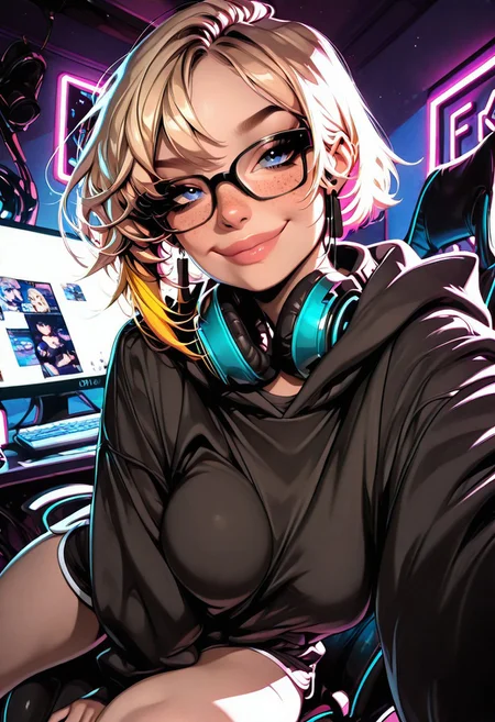 masterpiece, best quality, amazing quality, very aesthetic, gothic style, 1girl, (adult), asymmetrical pixie cut, blonde hair, neon highlights, blue eyes, freckles, medium soft breasts, black rectangular eyewear, headset around neck, large oversized hooded sweater, dolphin shorts, looking to viewer, flirty smile, sitting in gaming chair, feet up to the side, phone selfie, dynamic angle, detailed background, gaming bedroom, gaming chair, computer, gaming mess, screen light, neon lights, night lights, highly detailed,sexyper, EGirlPFP, sexy