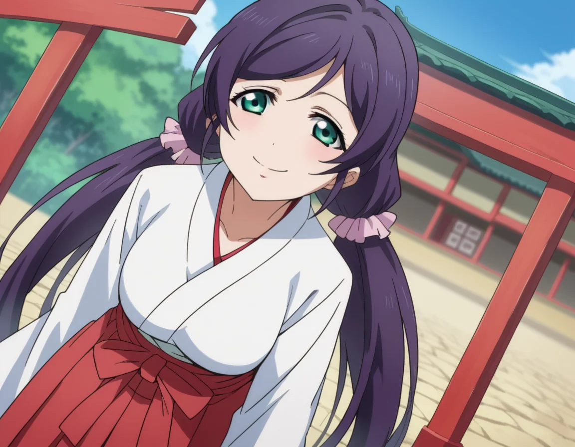 score_9, score_8_up, score_7_up, source_anime,
nozomitoujou, <lora:nozomi-toujou-ponyxl-lora-nochekaiser:1>
nozomi toujou, green eyes, purple hair, twintails, low twintails, scrunchie, long hair, smile,
hakama, hakama skirt, japanese clothes, miko, red hakama, long sleeves,
outdoors, shrine, bent over,
looking at viewer, cowboy shot, dutch angle,
