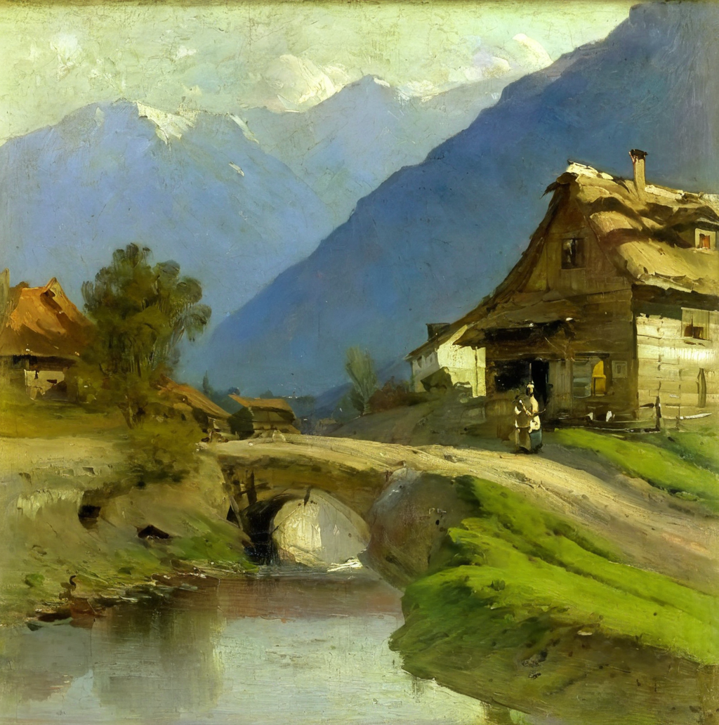 agierymski landscape of a house by a stream, mountains in the background<lora:agierymski:1>