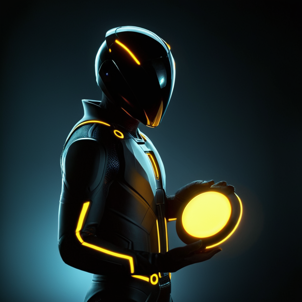 cinematic film still of <lora:add-detail-xl:0.1>1
<lora:detailed:0.3> realism
<lora:perfection style:0.2> perfect
<lora:eyetune:0.6>
<lora:xl_more_art-full_v1:0.1>
<lora:Ron Fricke style:0.3>
<lora:Unreal Engine style:0.3>
<lora:TeethXL:0.3>
<lora:Chiaroscuro Lighting Style:0.3> Chiaroscuro Lighting Style
 <lora:Tron style:1>
In a futuristic sci-fi glowing world a man in a black and yellow suit with disk in his hand,solo,simple background,1boy,holding,standing,male focus,cowboy shot,bodysuit,helmet,black background,neon trim,covered face , action movie themed, science fiction movie themed, sharp, detailed, epic cinematic photography, artistic, dramatic light, cinematic color style, Kodak film style, Tron style, shallow depth of field, vignette, highly detailed, high budget, bokeh, cinemascope, moody, epic, gorgeous, film grain, grainy