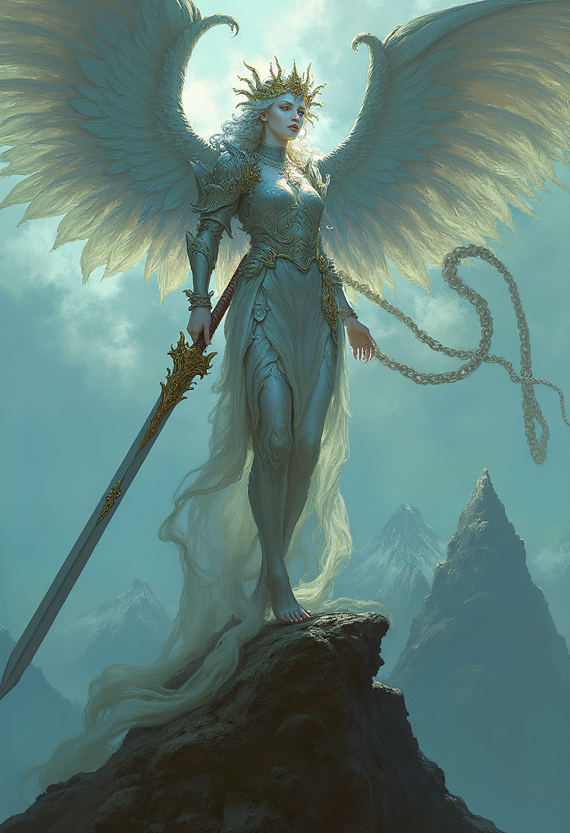 there is a woman with a sword standing on a rock, abaddon and magali villeneuve, magali villeneuve', winged girl angel, tall female angel, epic fantasty card game art, female lord of change, angelarium, mystical valkyrie, cgsociety and fenghua zhong, heise-lian yan fang, by Clint Cearley,