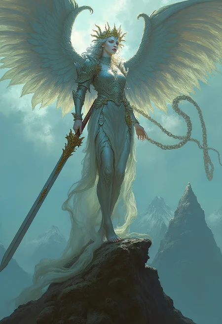 there is a woman with a sword standing on a rock, abaddon and magali villeneuve, magali villeneuve', winged girl angel, tall female angel, epic fantasty card game art, female lord of change, angelarium, mystical valkyrie, cgsociety and fenghua zhong, heise-lian yan fang, by Clint Cearley,