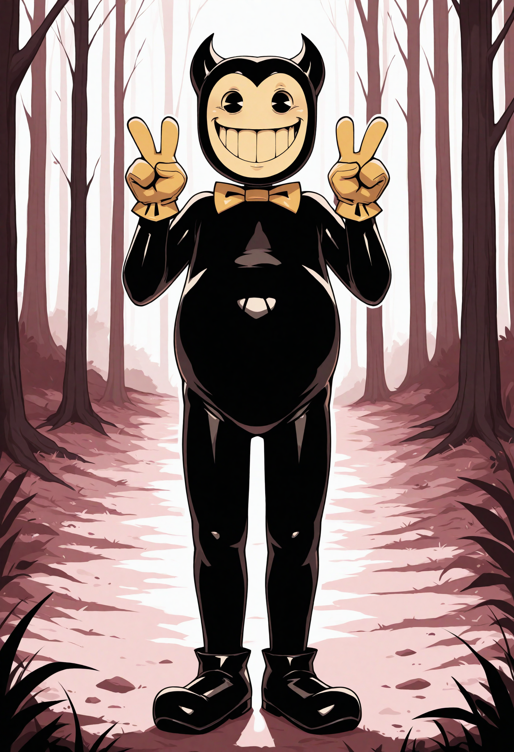 <lora:ollie_Illustrious_Mlaofmd-10:1.0>, masterpiece, best quality, newest, absurdres, highres, perfect anatomy, 1boy, solo, ollie, bendy the dancing demon, black skin, 2 horns, black eyes, smile, grin, bow tie, gloves, black shoes, forest, full body, double v, looking at viewer