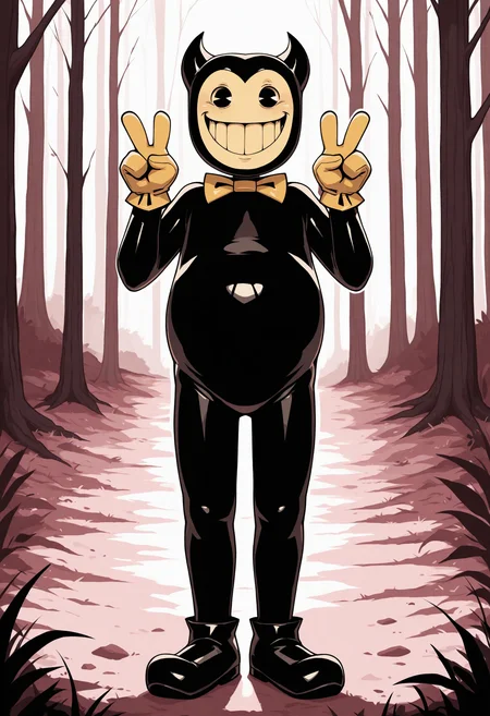 <lora:ollie_Illustrious_Mlaofmd-10:1.0>, masterpiece, best quality, newest, absurdres, highres, perfect anatomy, 1boy, solo, ollie, bendy the dancing demon, black skin, 2 horns, black eyes, smile, grin, bow tie, gloves, black shoes, forest, full body, double v, looking at viewer