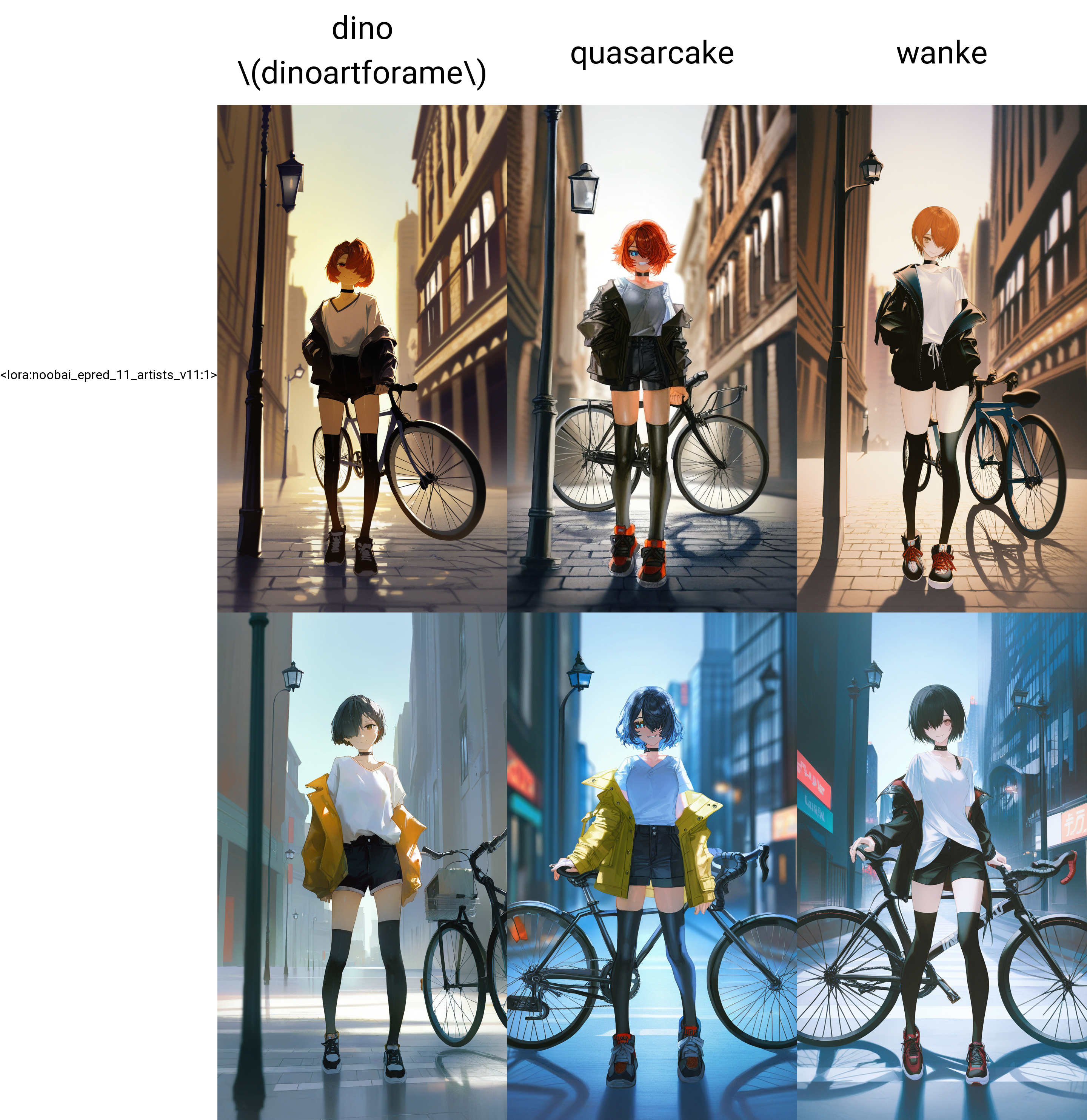 by dino \(dinoartforame\), impasto,
1girl, solo, bicycle, outdoors, jacket, short hair, lamppost, sneakers, shorts, hair over one eye, city, sky, building, off shoulder, looking at viewer, full body, choker, white shirt, standing, black thighhighs, smile, walking,
masterpiece, best quality, very awa, absurdres
<lora:noobai_epred_11_artists_v11:1>