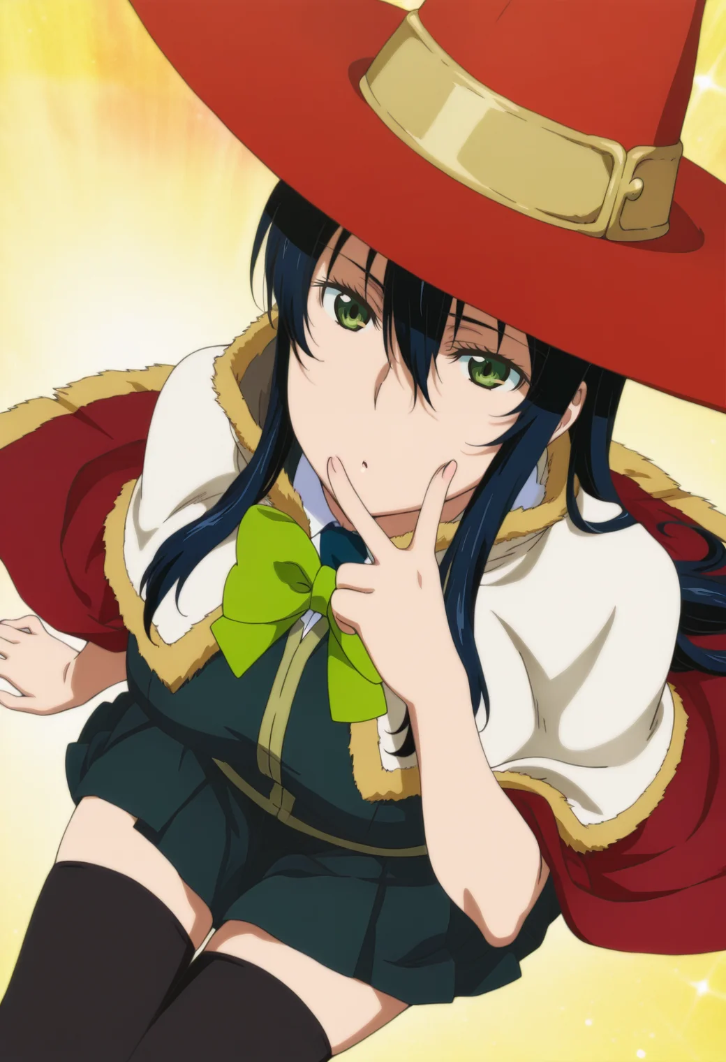 anime screencap, anime coloring, 1girl, solo, <lora:DX888Ayaka:1> kagari ayaka, green eyes, black hair, long hair, school uniform, necktie, skirt, pantyhose, zettai ryouiki, witch hat, cape, green bow BREAK yellow background, rainbow background, BREAK dutch angle, from above, lying, on stomach, v over mouth,