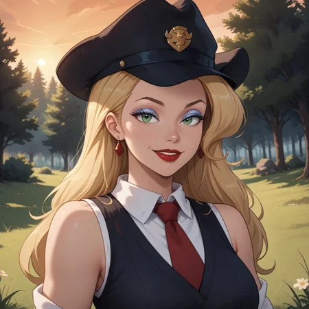 score_9, score_8, BREAK, solo, blonde hair, black french headwear, makeup, blue eyeshadow, green eyes, red lips, lipstick, black sleeveless sweater, white long sleeve collared shirt, red necktie, earrings, red skirt, black heels, Doris Deer, sexy pose, self portrait, smile, outdoors, sunlight, shadows, evening lighting, natural lighting, forest, trees, grass, orange sky, sunset