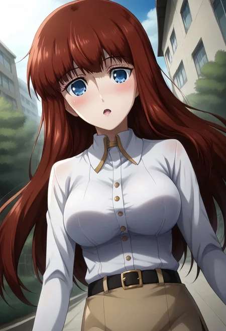 rating_safe, Ultra-high-detailed Anime illustration of Kagari Shiina. The artwork features Kagari in a solo, face focus, upper body, standing position with a outdoors, street background. She is depicted with intricate details showcasing her big_breasts, natural_breasts. She is a white skinned, 22 years old woman. Kagari is looking_at_viewer with perfect_eyes, Her pupils are highly detailed. The eyes are open. blue eyes. Kagari's eyes are highlighted. Highlighted eyevrows. She has long_hair, red_hair styled in floating_hair, shiny_hair and bangs. She is wearing a white shirt with golden seams and brown skirt, short skirt. The artistic style is intricate_details_xl with a focus on Anime art. The color palette emphasizes red and black with detailed strokes to bring out the character's features. The lighting creates dramatic shadows and highlights, adding depth to the artwork. The perspective is from a face focus, dutch angle to enhance the impact of the character's expression. This masterpiece is a true portrayal of Kagari's complex personality and will captivate any fan of Kagari. uncensored